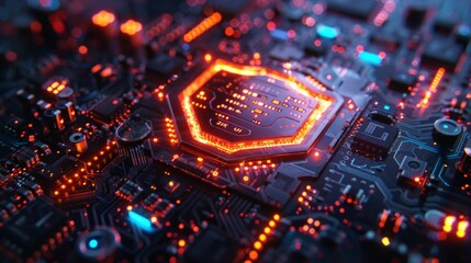 Cybersecurity concept with glowing shield on chip