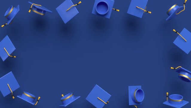 Random rotating graduation caps with copy space. Education, diploma award, degree ceremony concept. 3d render looped 4k animation.