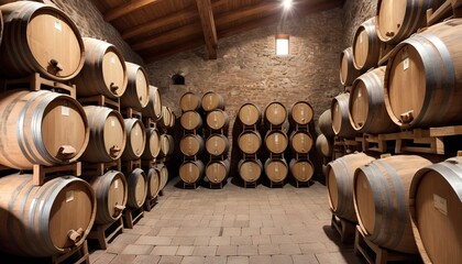 old wooden barrels stacked in winery - obrazy, fototapety, plakaty