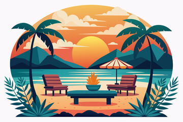 beach-point-seating-area-with-sunset-silhouette-vector.