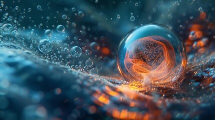 Blue orb among bubbles underwater scene