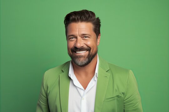 Portrait of smiling mature man in green jacket against green background.