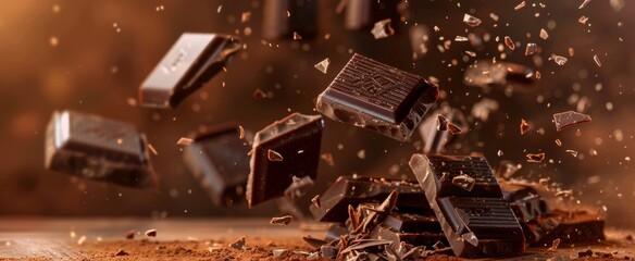 Pieces of dark chocolate bars are floating in the air with chocolate dust and chunks scattered around, against a beige background