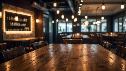 Empty wooden table inside professional restaurant