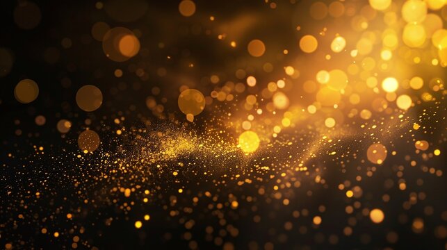 abstract background with lens flare and defocused bokeh flash gleam and golden yellow color flecks on dark black