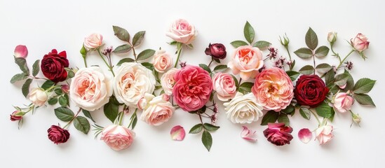 English rose composition with a festive flower arrangement against a white background. Top view, flat lay with space for text. Ideal for occasions like birthdays, Mother's Day, Valentine's Day, - obrazy, fototapety, plakaty