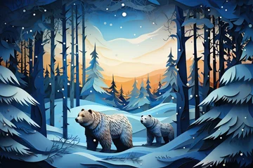 Foto op Canvas Brown Bears in a Winter Forest Paper Art.  © kmmind