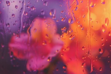 Close-up of water droplets on glass over a blurred floral pattern with vibrant orange and purple...
