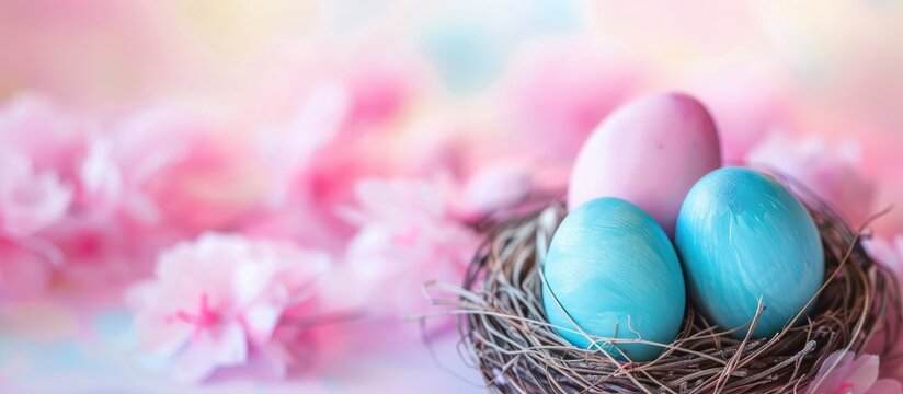 Brightly colored Easter eggs resting in a nest on a soft pastel background with empty space.