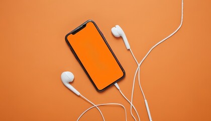smart phone with empty screen, earphone on orange background