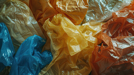 A bunch of crumpled disposable plastic bags of different colors, ecological conceptual background. - obrazy, fototapety, plakaty