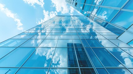 Obraz premium modern office structure with glass facades and blue sky showcasing economic and financial aspects in a bottom-up view of business activity