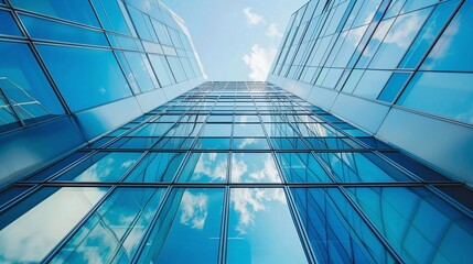 Obraz premium bottom-up perspective of a modern office building featuring blue sky and glass facades illustrating business activity and financial economy in urban setting