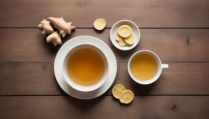 Fototapeta na wymiar Top view of ginger tea on wooden background