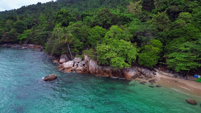 paradise island dream beach jungle bay. Best aerial top view flight panorama orbit drone
4k