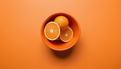 top view orange in a bowl on orange background - Powered by Adobe