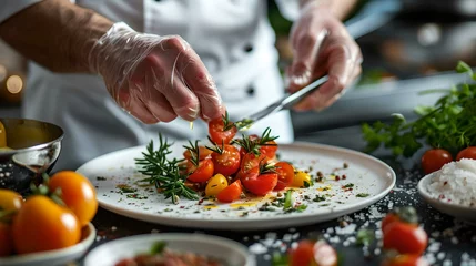 Fotobehang Chef in a professional kitchen garnishes a dish with fresh herbs. elegant presentation, focus on culinary skills. perfect for restaurant marketing. culinary art at its best. AI © Irina Ukrainets