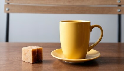 Obraz na płótnie Canvas yellow coffee mug and brown sugar cube on table
