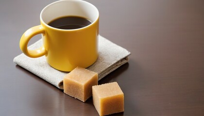 yellow coffee mug and brown sugar cube on table