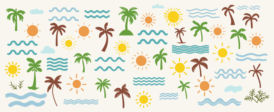 groovy elements beach. coconut tree palm, beach ocean, sun doodle set vector isolated.