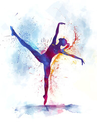 Obraz premium Watercolor image of a girl rhythmic gymnastics athlete. Colorful paints, white background. Abstract vision. The desire to win.
