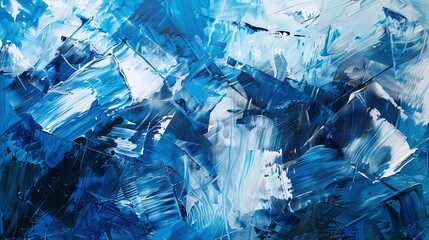 contemporary abstract art banner background displaying a blue and white oil painting on canvas with detailed brushstrokes and creative palette knife textures for artistic expression