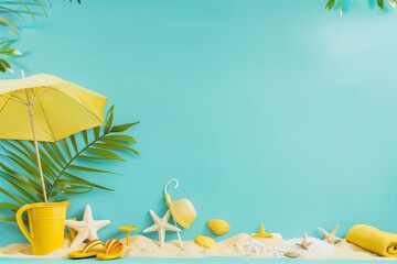 
Tropical beach with yellow towel, umbrella, bucket and sand shovel, flip flops. free space....