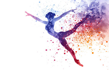 Watercolor image of a girl rhythmic gymnastics athlete. Colorful paints, white background. Abstract vision. The desire to win.