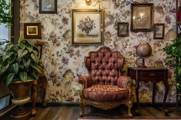 Vintage room interior with wallpaper, retro gold picture frames and old fashioned armchair.