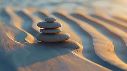 Fototapeta na wymiar Balance and tranquility concept with stones stacked on sandy beach. Zen inspiration in a natural setting at sunset. Calmness and meditation backdrop for wellness. AI