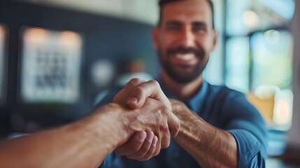 Portrait of cheerful young manager handshake with new employee. Business partnership meeting in office. Close up of handshake in the office. Mature businessman shake hands with a younger Ai  Generated