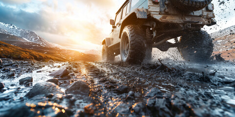 Extreme off-road vehicle driving on muddy roads