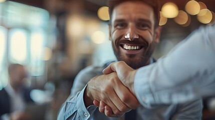 Portrait of cheerful young manager handshake with new employee. Business partnership meeting in office. Close up of handshake in the office. Mature businessman shake hands with a younger Ai Generated