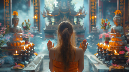 Buddhist temple. People are praying. - obrazy, fototapety, plakaty