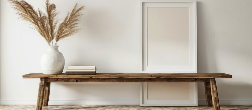 Vintage wooden bench and table with a horizontal white frame mockup. A modern white ceramic vase holding dry Lagurus ovatus grass and some books. White wall in the background,