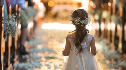 a beautiful little flower girl in a white dress at a wedding