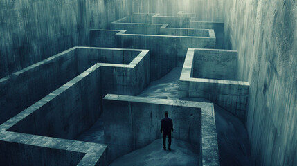 Trapped in a concrete jungle, a man confronts the overwhelming vastness of a maze.