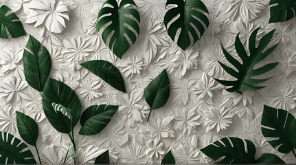 White green geometric floral tropical leaves 3d tiles wall texture background banner illustration. generative.ai