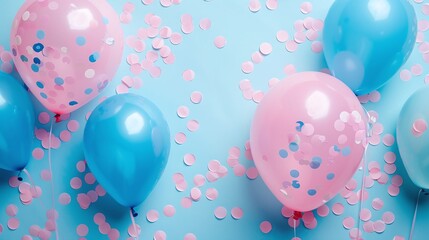joyful gender reveal party or baby shower backdrop with pink and blue balloons and confetti background, offering copy space for cheerful celebration and announcement festivities