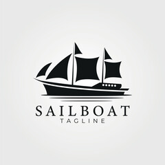 sail boat with silhouette logo vector vintage illustration template icon graphic design, marine boat retro sign and symbol, concept for business