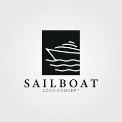 yacht line art with emblem logo vector vintage illustration design, yacht minimalist logo design