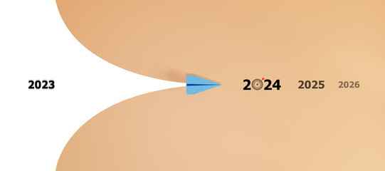 blue plane is heading to 2024 target. business creativity new idea discovery innovation technology. new year idea concept.