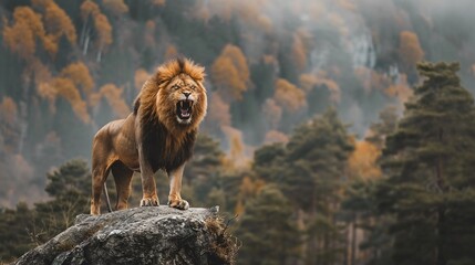 majestic king of the jungle, angry lion roaring on mountain peak in forest