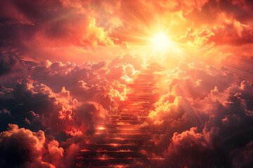 A breathtaking image of ascending stairs towards the sun, with a heavenly light background, representing spiritual faith and belief