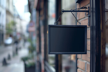 blank black hanging sign mockup on the brick wall building