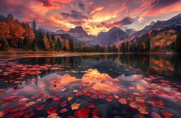 Tuinposter A picturesque autumn scene with vibrant red, orange and yellow leaves floating on the surface of an tranquil lake surrounded by tall mountains under a sunset sky © Kien