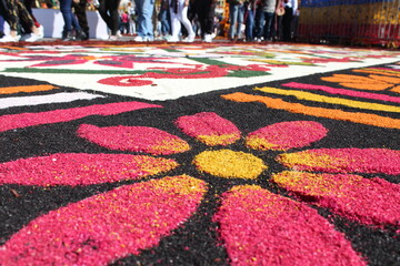 Flor en primer plano, hecha con aserrín, tapete artesanal colorido y tradicional