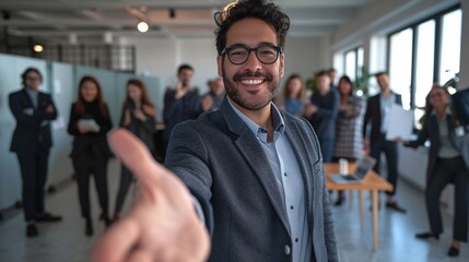 businessman giving hand forward to welcome new employee to his team and company in a modern office with colleagues in the background