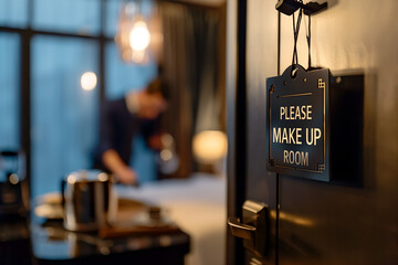 A closeup of the door hanger with "PLEASE MAKE UP ROOM" text. Hotel bedroom entrance door in front of the bed with a person