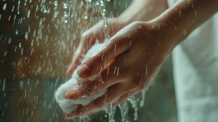 Wet cloth in hands.